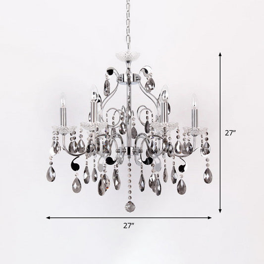 6 Lights Candle-Style Hanging Chandelier with Swirled Arm Smoke Grey Crystal Contemporary Dining Room Suspension Lamp Clearhalo 'Ceiling Lights' 'Chandeliers' 'Modern Chandeliers' 'Modern' Lighting' 915750
