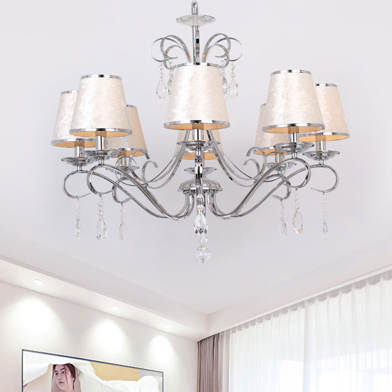 Conical Fabric Shade Pendant Chandelier Modern 8 Heads Bedroom Candle Ceiling Hang Fixture in Beige Beige Clearhalo 'Ceiling Lights' 'Chandeliers' 'Modern Chandeliers' 'Modern' Lighting' 915751