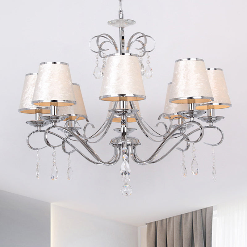 Conical Fabric Shade Pendant Chandelier Modern 8 Heads Bedroom Candle Ceiling Hang Fixture in Beige Clearhalo 'Ceiling Lights' 'Chandeliers' 'Modern Chandeliers' 'Modern' Lighting' 915752