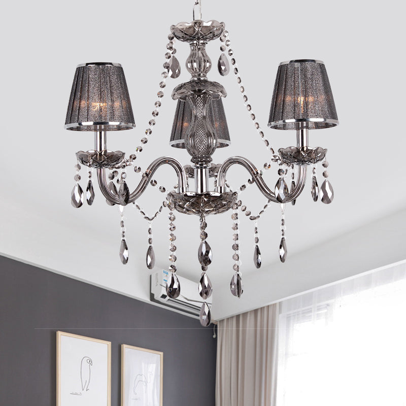 Candelabra Ceiling Chandelier Contemporary 3-Head Crystal Suspension Lighting with Fabric Shade in Grey Grey Clearhalo 'Ceiling Lights' 'Chandeliers' 'Modern Chandeliers' 'Modern' Lighting' 915755
