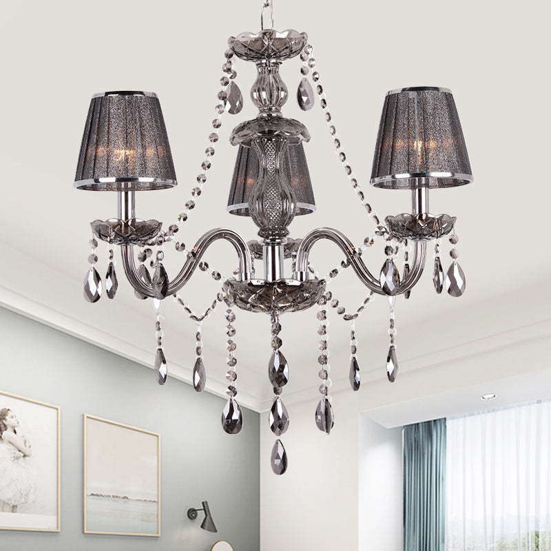 Candelabra Ceiling Chandelier Contemporary 3-Head Crystal Suspension Lighting with Fabric Shade in Grey Clearhalo 'Ceiling Lights' 'Chandeliers' 'Modern Chandeliers' 'Modern' Lighting' 915756