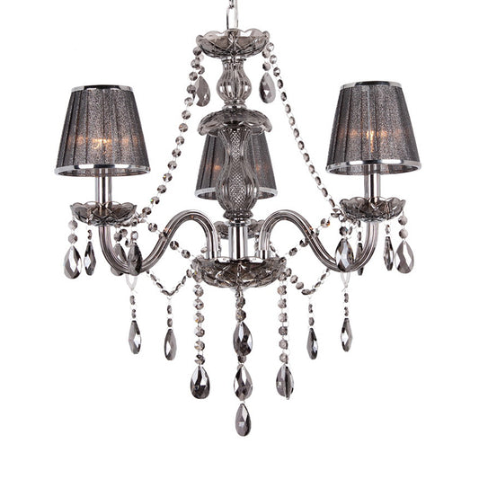 Candelabra Ceiling Chandelier Contemporary 3-Head Crystal Suspension Lighting with Fabric Shade in Grey Clearhalo 'Ceiling Lights' 'Chandeliers' 'Modern Chandeliers' 'Modern' Lighting' 915757