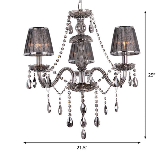 Candelabra Ceiling Chandelier Contemporary 3-Head Crystal Suspension Lighting with Fabric Shade in Grey Clearhalo 'Ceiling Lights' 'Chandeliers' 'Modern Chandeliers' 'Modern' Lighting' 915758