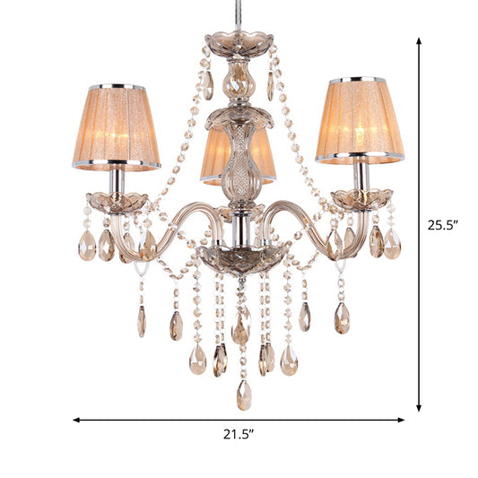 3-Head Ceiling Chandelier Modernism Umber Crystal Droplet Pendant Light Kit with Pleated Fabric Shade in Gold Clearhalo 'Ceiling Lights' 'Chandeliers' 'Modern Chandeliers' 'Modern' Lighting' 915762
