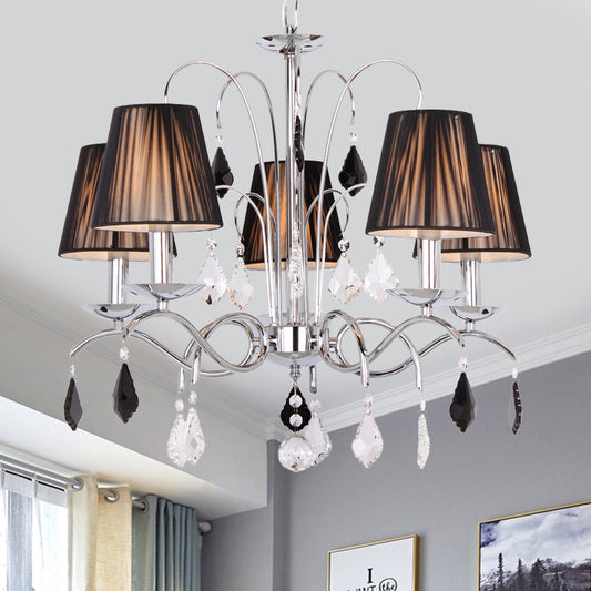 Black 5 Lights Chandelier Light Contemporary Pleated Fabric Barrel Shade Ceiling Light Fixture with Swirled Arm Black Clearhalo 'Ceiling Lights' 'Chandeliers' 'Modern Chandeliers' 'Modern' Lighting' 915763