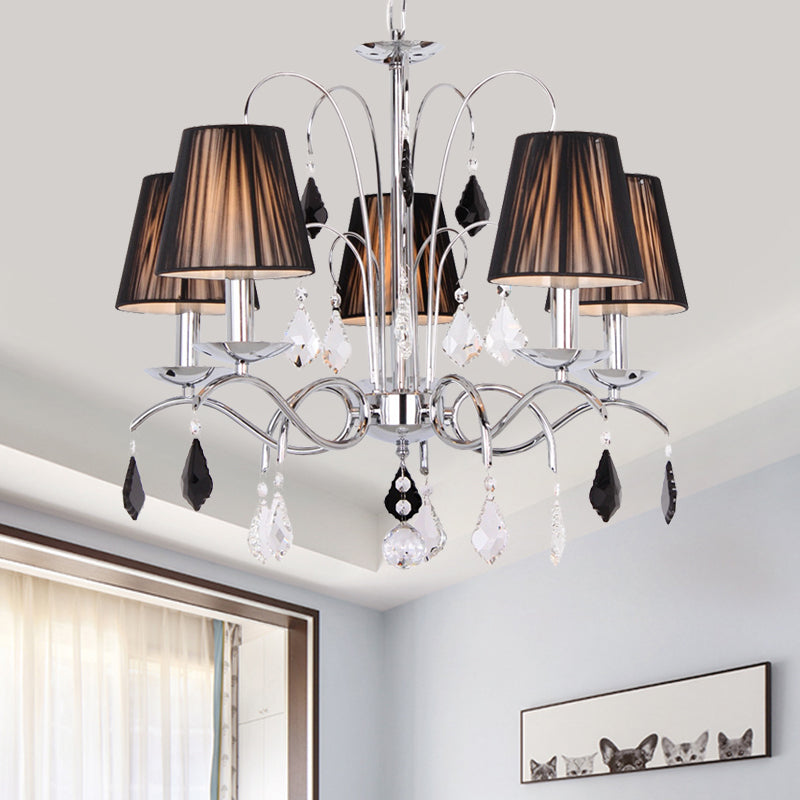 Black 5 Lights Chandelier Light Contemporary Pleated Fabric Barrel Shade Ceiling Light Fixture with Swirled Arm Clearhalo 'Ceiling Lights' 'Chandeliers' 'Modern Chandeliers' 'Modern' Lighting' 915764