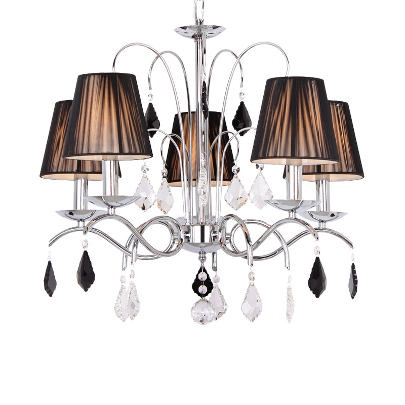 Black 5 Lights Chandelier Light Contemporary Pleated Fabric Barrel Shade Ceiling Light Fixture with Swirled Arm Clearhalo 'Ceiling Lights' 'Chandeliers' 'Modern Chandeliers' 'Modern' Lighting' 915765