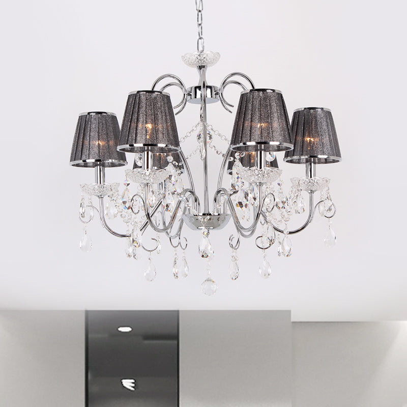 Candle-Style Chandelier Light Nordic 6-Bulb Clear K9 Crystal Ceiling Pendant Light with Pleated Fabric Shade in Grey Clearhalo 'Ceiling Lights' 'Chandeliers' 'Modern Chandeliers' 'Modern' Lighting' 915768