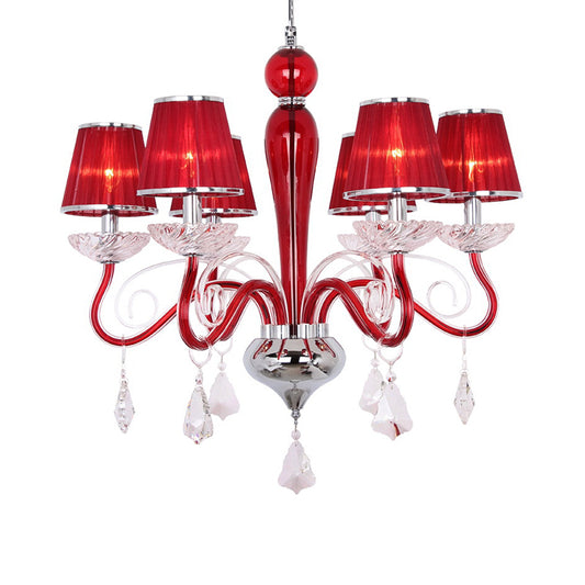 6 Heads Chandelier Light Fixture with Conical Fabric Shade Crystal Minimalist Dining Room Pendant Lighting Clearhalo 'Ceiling Lights' 'Chandeliers' 'Modern Chandeliers' 'Modern' Lighting' 915776