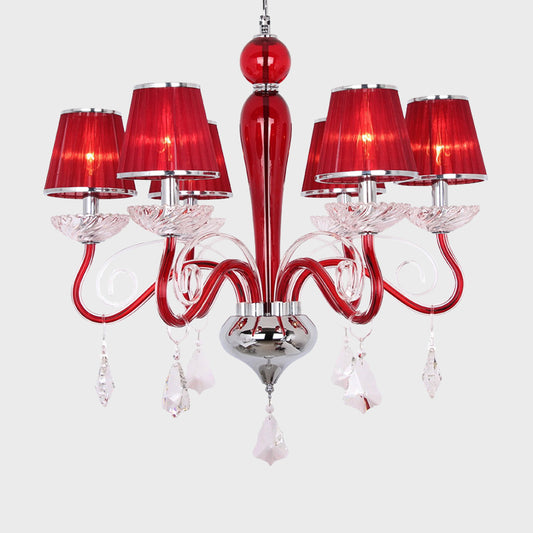 6 Heads Chandelier Light Fixture with Conical Fabric Shade Crystal Minimalist Dining Room Pendant Lighting Clearhalo 'Ceiling Lights' 'Chandeliers' 'Modern Chandeliers' 'Modern' Lighting' 915777