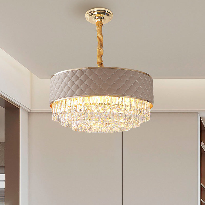 Drum Ceiling Light Post Modern 10-Light Clear Crystal Chandelier Light Fixture with Leatherwear Shade Clear Clearhalo 'Ceiling Lights' 'Chandeliers' 'Clear' 'Industrial' 'Modern Chandeliers' 'Modern' 'Tiffany' 'Traditional Chandeliers' Lighting' 915783