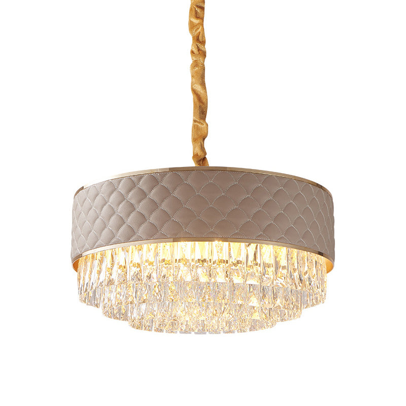 Drum Ceiling Light Post Modern 10-Light Clear Crystal Chandelier Light Fixture with Leatherwear Shade Clearhalo 'Ceiling Lights' 'Chandeliers' 'Clear' 'Industrial' 'Modern Chandeliers' 'Modern' 'Tiffany' 'Traditional Chandeliers' Lighting' 915784