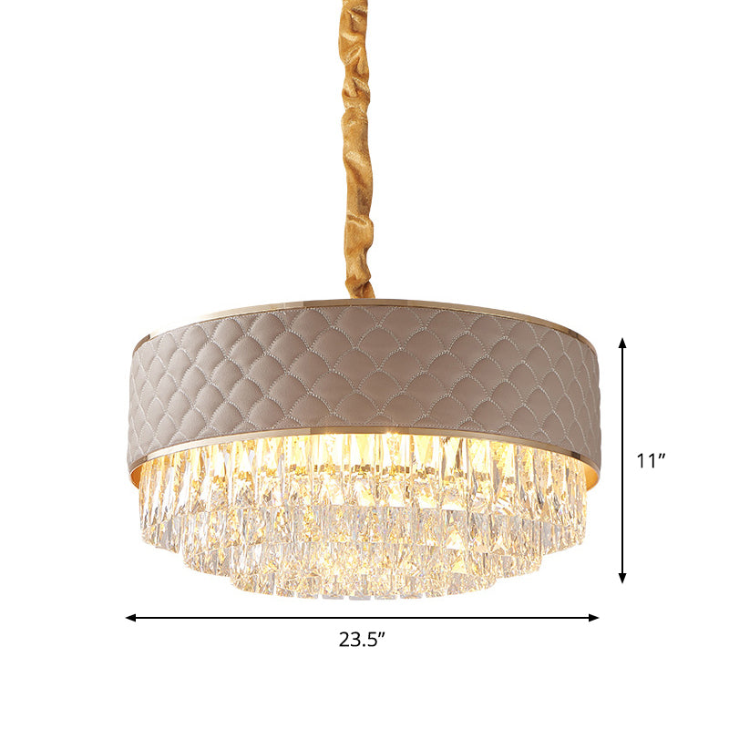 Drum Ceiling Light Post Modern 10-Light Clear Crystal Chandelier Light Fixture with Leatherwear Shade Clearhalo 'Ceiling Lights' 'Chandeliers' 'Clear' 'Industrial' 'Modern Chandeliers' 'Modern' 'Tiffany' 'Traditional Chandeliers' Lighting' 915786