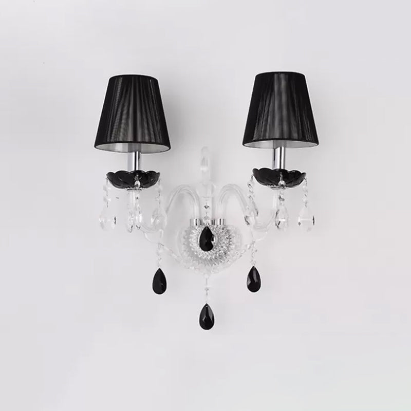 2-Head Pleated Linen Shade Wall Sconce Light European Black Crystal Wall Mount Light Fixture Clearhalo 'Modern wall lights' 'Modern' 'Wall Lamps & Sconces' 'Wall Lights' Lighting' 915851