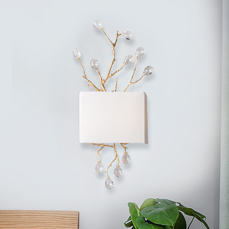 White Branch 2-Bulb Wall Sconce Lighting Minimalist Crystal Bead Wall Mounted Light Fixture with Fabric Shade White Clearhalo 'Modern wall lights' 'Modern' 'Wall Lamps & Sconces' 'Wall Lights' Lighting' 915921