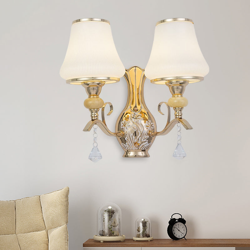 2-Light Wall Sconce Lighting with Bell Shade Ribbed Glass Nordic Living Room Wall Mounted Light Fixture in Gold Gold Clearhalo 'Modern wall lights' 'Modern' 'Wall Lamps & Sconces' 'Wall Lights' Lighting' 915933