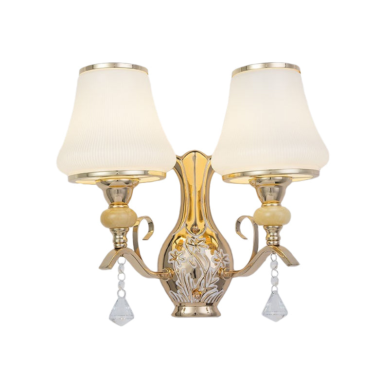 2-Light Wall Sconce Lighting with Bell Shade Ribbed Glass Nordic Living Room Wall Mounted Light Fixture in Gold Clearhalo 'Modern wall lights' 'Modern' 'Wall Lamps & Sconces' 'Wall Lights' Lighting' 915934