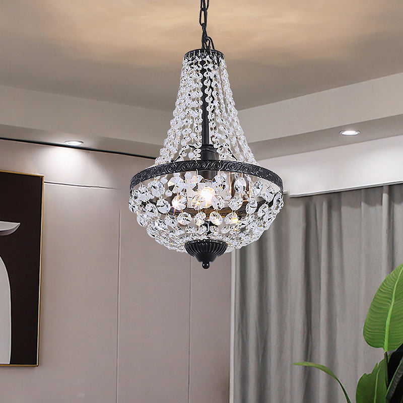 1 Bulb Ceiling Hang Fixture with Basket Frame Shade Crystal Strand Countryside Restaurant Suspension Light Black Clearhalo 'Ceiling Lights' 'Pendant Lights' 'Pendants' Lighting' 915955_c9418be6-fcb2-4524-82b4-7281ca6fbca2