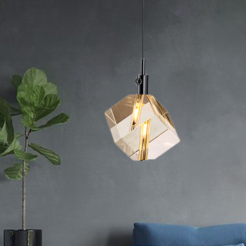 Clear Crystal Glass Cube Pendant Lighting Simple 1 Light LED Hanging Ceiling Lamp in Black Black Clearhalo 'Ceiling Lights' 'Modern Pendants' 'Modern' 'Pendant Lights' 'Pendants' Lighting' 916271