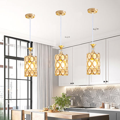 Beveled Crystal Encrusted Cylinder Pendant Modernism 1-Bulb Gold Finish Suspension Light Gold Clearhalo 'Ceiling Lights' 'Modern Pendants' 'Modern' 'Pendant Lights' 'Pendants' Lighting' 916275