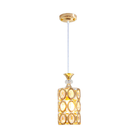 Beveled Crystal Encrusted Cylinder Pendant Modernism 1-Bulb Gold Finish Suspension Light Clearhalo 'Ceiling Lights' 'Modern Pendants' 'Modern' 'Pendant Lights' 'Pendants' Lighting' 916276