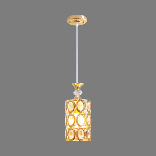 Beveled Crystal Encrusted Cylinder Pendant Modernism 1-Bulb Gold Finish Suspension Light Clearhalo 'Ceiling Lights' 'Modern Pendants' 'Modern' 'Pendant Lights' 'Pendants' Lighting' 916277