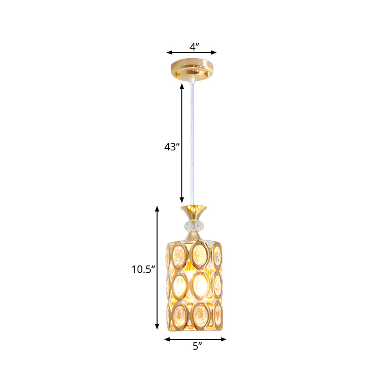 Beveled Crystal Encrusted Cylinder Pendant Modernism 1-Bulb Gold Finish Suspension Light Clearhalo 'Ceiling Lights' 'Modern Pendants' 'Modern' 'Pendant Lights' 'Pendants' Lighting' 916278