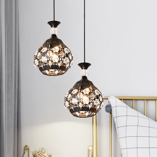 Hollow Out Flower Iron Suspension Light Modern 1-Head Black Finish Pendulum Lamp with Crystal Accent Clearhalo 'Ceiling Lights' 'Modern Pendants' 'Modern' 'Pendant Lights' 'Pendants' Lighting' 916296