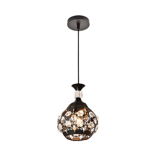 Hollow Out Flower Iron Suspension Light Modern 1-Head Black Finish Pendulum Lamp with Crystal Accent Clearhalo 'Ceiling Lights' 'Modern Pendants' 'Modern' 'Pendant Lights' 'Pendants' Lighting' 916297