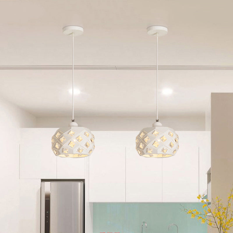 Single Dining Room Pendulum Light Minimal White Finish Crystal Hanging Lamp with Drum Iron Shade Clearhalo 'Ceiling Lights' 'Modern Pendants' 'Modern' 'Pendant Lights' 'Pendants' Lighting' 916300