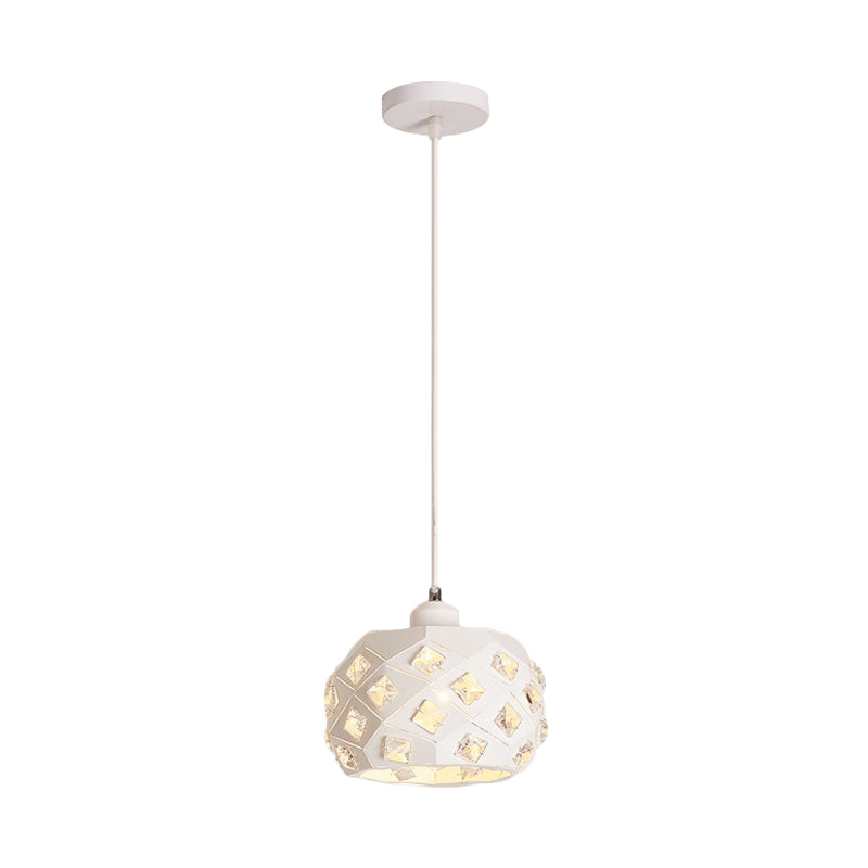 Single Dining Room Pendulum Light Minimal White Finish Crystal Hanging Lamp with Drum Iron Shade Clearhalo 'Ceiling Lights' 'Modern Pendants' 'Modern' 'Pendant Lights' 'Pendants' Lighting' 916301