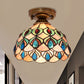 Handmade Shell Bowl Ceiling Lamp Tiffany Single-Bulb Blue/Light Blue/Beige Flush Mount with Gem-Like Cabochons Blue Clearhalo 'Ceiling Lights' 'Close To Ceiling Lights' 'Close to ceiling' 'Flush mount' Lighting' 916338