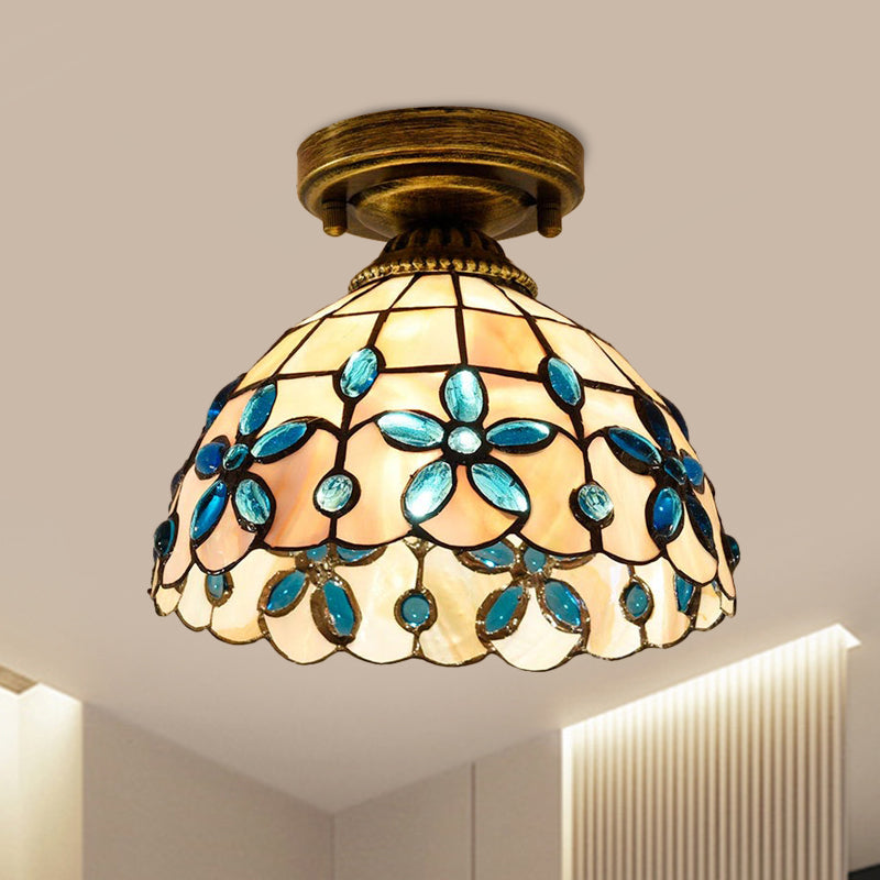 Handmade Shell Bowl Ceiling Lamp Tiffany Single-Bulb Blue/Light Blue/Beige Flush Mount with Gem-Like Cabochons Light Blue Clearhalo 'Ceiling Lights' 'Close To Ceiling Lights' 'Close to ceiling' 'Flush mount' Lighting' 916343