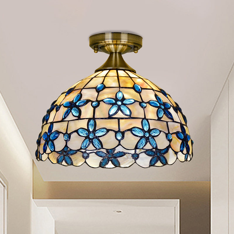 Brass Dome Close to Ceiling Light Tiffany 5"/8"/12" Wide 1 Head Shell Flush Mount Lighting with Blue Floral Jewels Brass 12" Clearhalo 'Ceiling Lights' 'Close To Ceiling Lights' 'Close to ceiling' 'Flush mount' Lighting' 916366