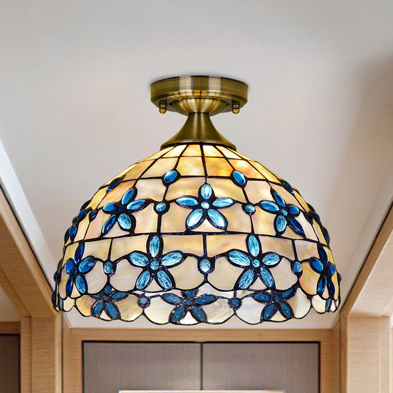 Brass Dome Close to Ceiling Light Tiffany 5"/8"/12" Wide 1 Head Shell Flush Mount Lighting with Blue Floral Jewels Clearhalo 'Ceiling Lights' 'Close To Ceiling Lights' 'Close to ceiling' 'Flush mount' Lighting' 916367