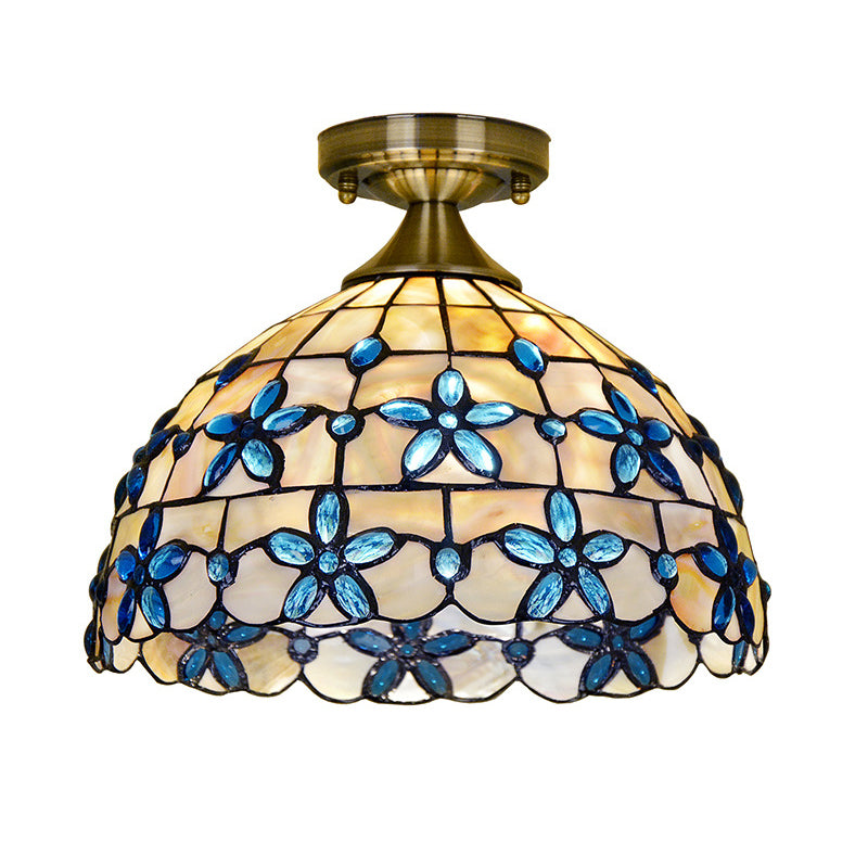 Brass Dome Close to Ceiling Light Tiffany 5"/8"/12" Wide 1 Head Shell Flush Mount Lighting with Blue Floral Jewels Clearhalo 'Ceiling Lights' 'Close To Ceiling Lights' 'Close to ceiling' 'Flush mount' Lighting' 916368