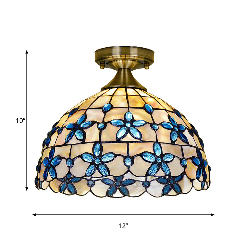 Brass Dome Close to Ceiling Light Tiffany 5"/8"/12" Wide 1 Head Shell Flush Mount Lighting with Blue Floral Jewels Clearhalo 'Ceiling Lights' 'Close To Ceiling Lights' 'Close to ceiling' 'Flush mount' Lighting' 916369