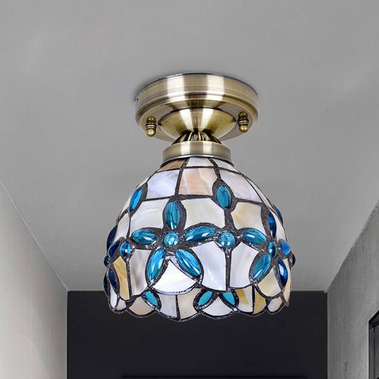 Brass Dome Close to Ceiling Light Tiffany 5"/8"/12" Wide 1 Head Shell Flush Mount Lighting with Blue Floral Jewels Brass 5" Clearhalo 'Ceiling Lights' 'Close To Ceiling Lights' 'Close to ceiling' 'Flush mount' Lighting' 916370