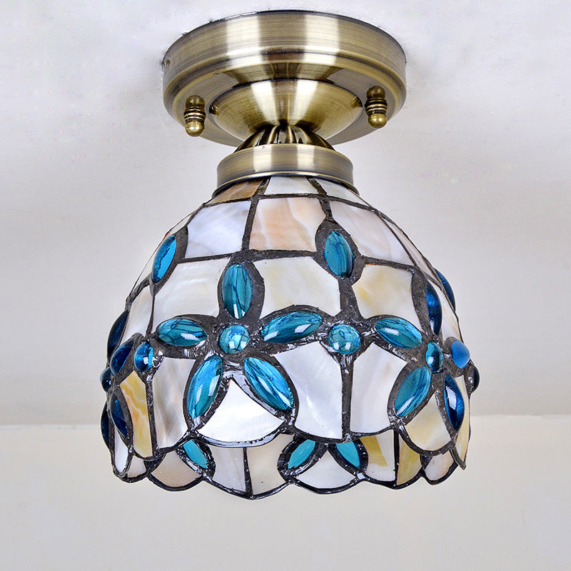 Brass Dome Close to Ceiling Light Tiffany 5"/8"/12" Wide 1 Head Shell Flush Mount Lighting with Blue Floral Jewels Clearhalo 'Ceiling Lights' 'Close To Ceiling Lights' 'Close to ceiling' 'Flush mount' Lighting' 916371