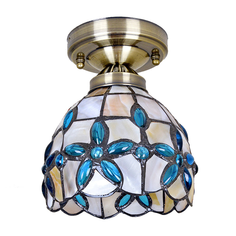 Brass Dome Close to Ceiling Light Tiffany 5"/8"/12" Wide 1 Head Shell Flush Mount Lighting with Blue Floral Jewels Clearhalo 'Ceiling Lights' 'Close To Ceiling Lights' 'Close to ceiling' 'Flush mount' Lighting' 916372