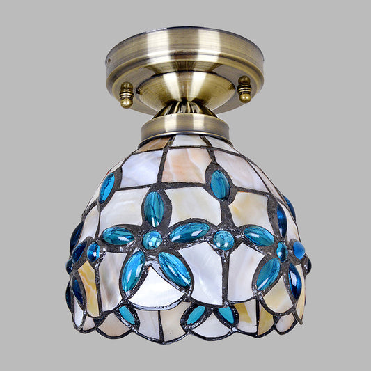 Brass Dome Close to Ceiling Light Tiffany 5"/8"/12" Wide 1 Head Shell Flush Mount Lighting with Blue Floral Jewels Clearhalo 'Ceiling Lights' 'Close To Ceiling Lights' 'Close to ceiling' 'Flush mount' Lighting' 916373