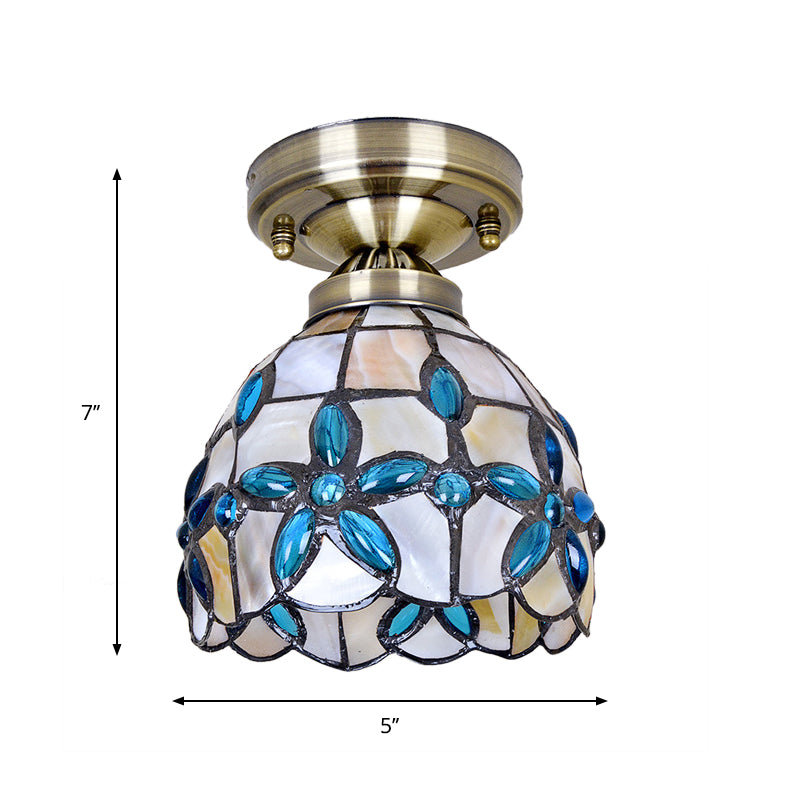 Brass Dome Close to Ceiling Light Tiffany 5"/8"/12" Wide 1 Head Shell Flush Mount Lighting with Blue Floral Jewels Clearhalo 'Ceiling Lights' 'Close To Ceiling Lights' 'Close to ceiling' 'Flush mount' Lighting' 916374