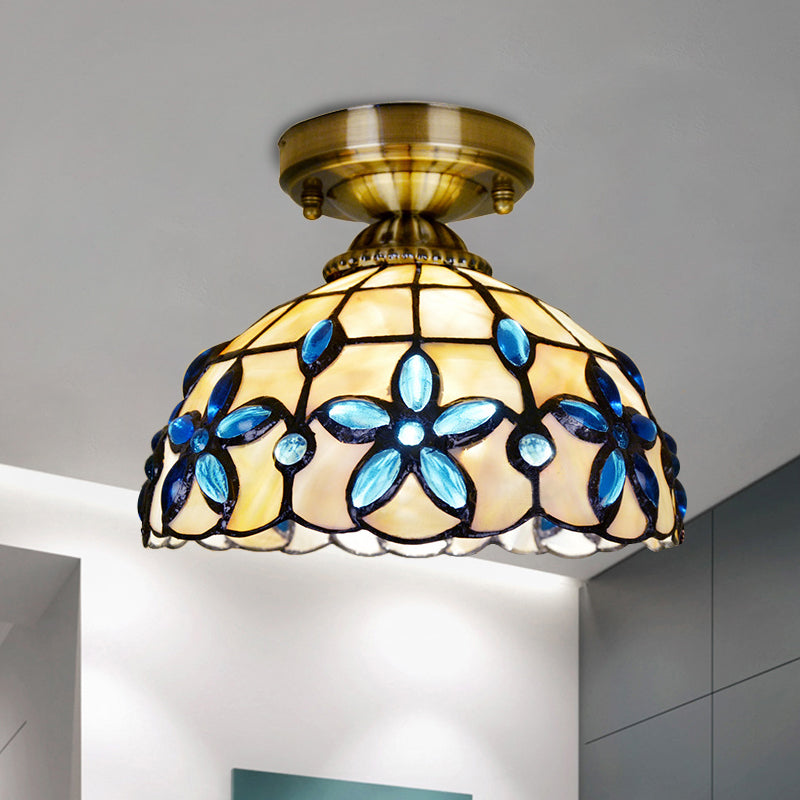 Brass Dome Close to Ceiling Light Tiffany 5"/8"/12" Wide 1 Head Shell Flush Mount Lighting with Blue Floral Jewels Brass 8" Clearhalo 'Ceiling Lights' 'Close To Ceiling Lights' 'Close to ceiling' 'Flush mount' Lighting' 916375
