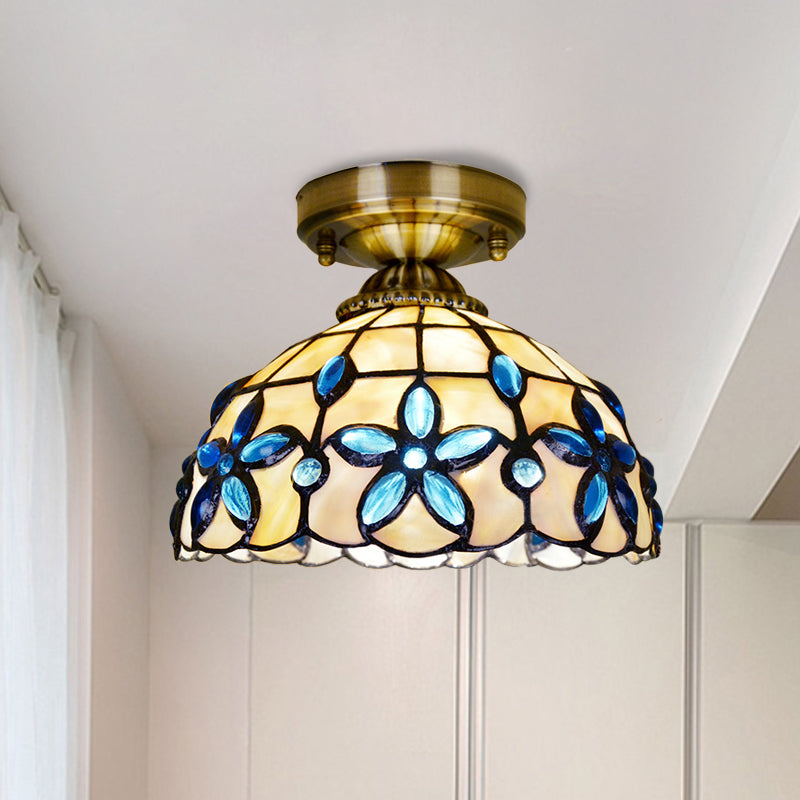Brass Dome Close to Ceiling Light Tiffany 5"/8"/12" Wide 1 Head Shell Flush Mount Lighting with Blue Floral Jewels Clearhalo 'Ceiling Lights' 'Close To Ceiling Lights' 'Close to ceiling' 'Flush mount' Lighting' 916376