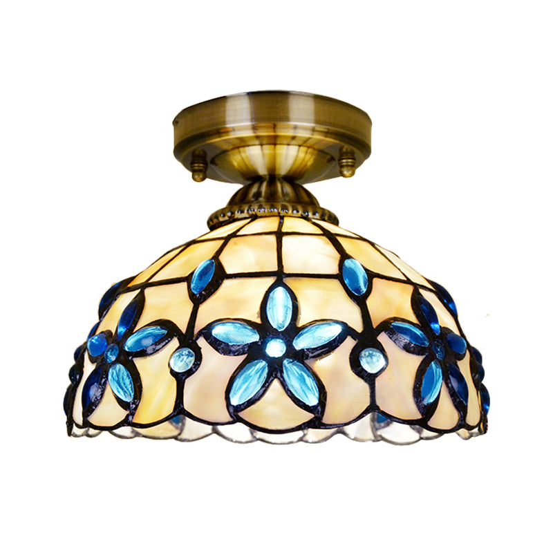 Brass Dome Close to Ceiling Light Tiffany 5"/8"/12" Wide 1 Head Shell Flush Mount Lighting with Blue Floral Jewels Clearhalo 'Ceiling Lights' 'Close To Ceiling Lights' 'Close to ceiling' 'Flush mount' Lighting' 916377