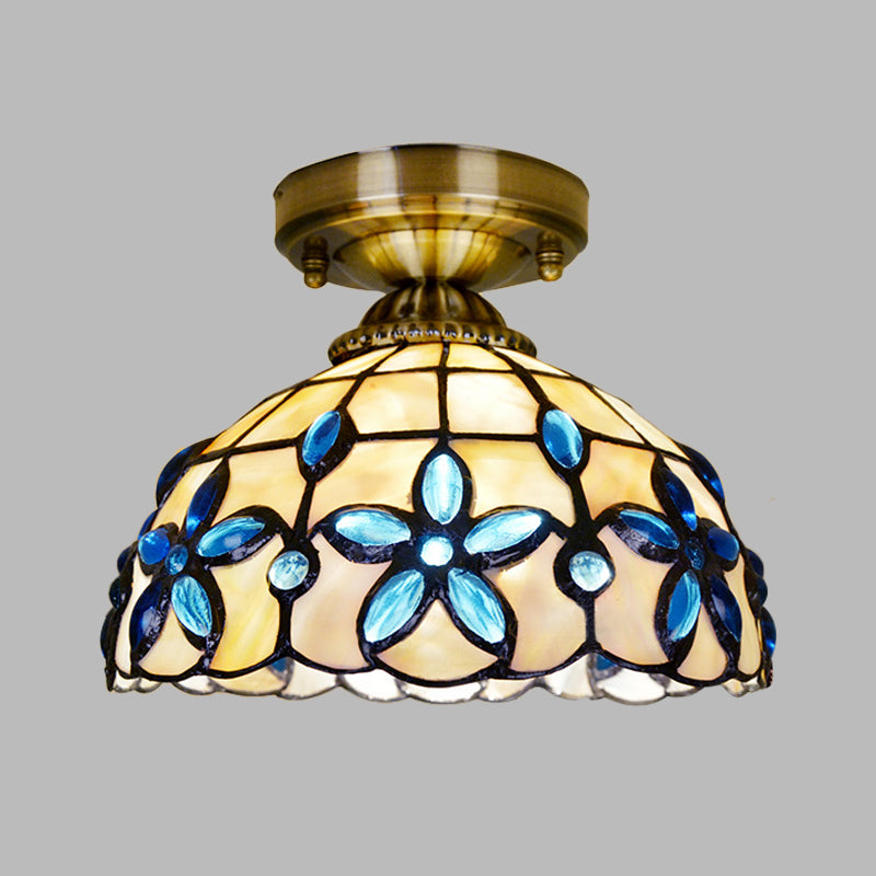 Brass Dome Close to Ceiling Light Tiffany 5"/8"/12" Wide 1 Head Shell Flush Mount Lighting with Blue Floral Jewels Clearhalo 'Ceiling Lights' 'Close To Ceiling Lights' 'Close to ceiling' 'Flush mount' Lighting' 916378
