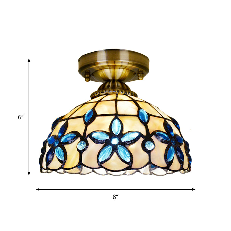 Brass Dome Close to Ceiling Light Tiffany 5"/8"/12" Wide 1 Head Shell Flush Mount Lighting with Blue Floral Jewels Clearhalo 'Ceiling Lights' 'Close To Ceiling Lights' 'Close to ceiling' 'Flush mount' Lighting' 916379