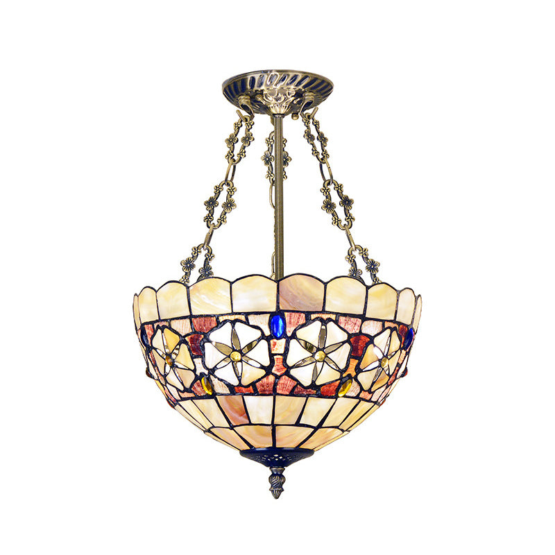 3 Lights Ceiling Mount Chandelier Tiffany Scalloped Handcrafted Shell Semi Flush Light in Brass Clearhalo 'Ceiling Lights' 'Close To Ceiling Lights' 'Close to ceiling' 'Glass shade' 'Glass' 'Semi-flushmount' 'Tiffany close to ceiling' 'Tiffany' Lighting' 916394