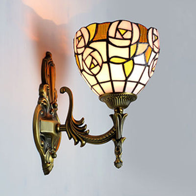 Vintage Rose Wall Mount Light Stained Glass 1 Light Wall Lighting in Pink for Foyer Clearhalo 'Industrial' 'Middle century wall lights' 'Tiffany wall lights' 'Tiffany' 'Wall Lamps & Sconces' 'Wall Lights' Lighting' 91643