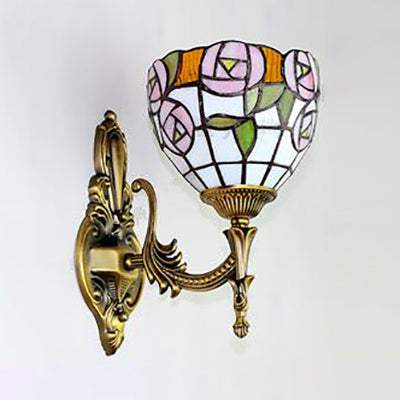 Vintage Rose Wall Mount Light Stained Glass 1 Light Wall Lighting in Pink for Foyer Clearhalo 'Industrial' 'Middle century wall lights' 'Tiffany wall lights' 'Tiffany' 'Wall Lamps & Sconces' 'Wall Lights' Lighting' 91644
